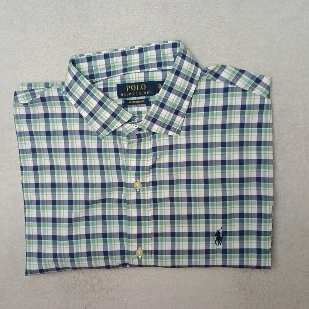 Polo Ralph Lauren Shirt Mens XL Blue Green Plaid Performance Button-Up Collared